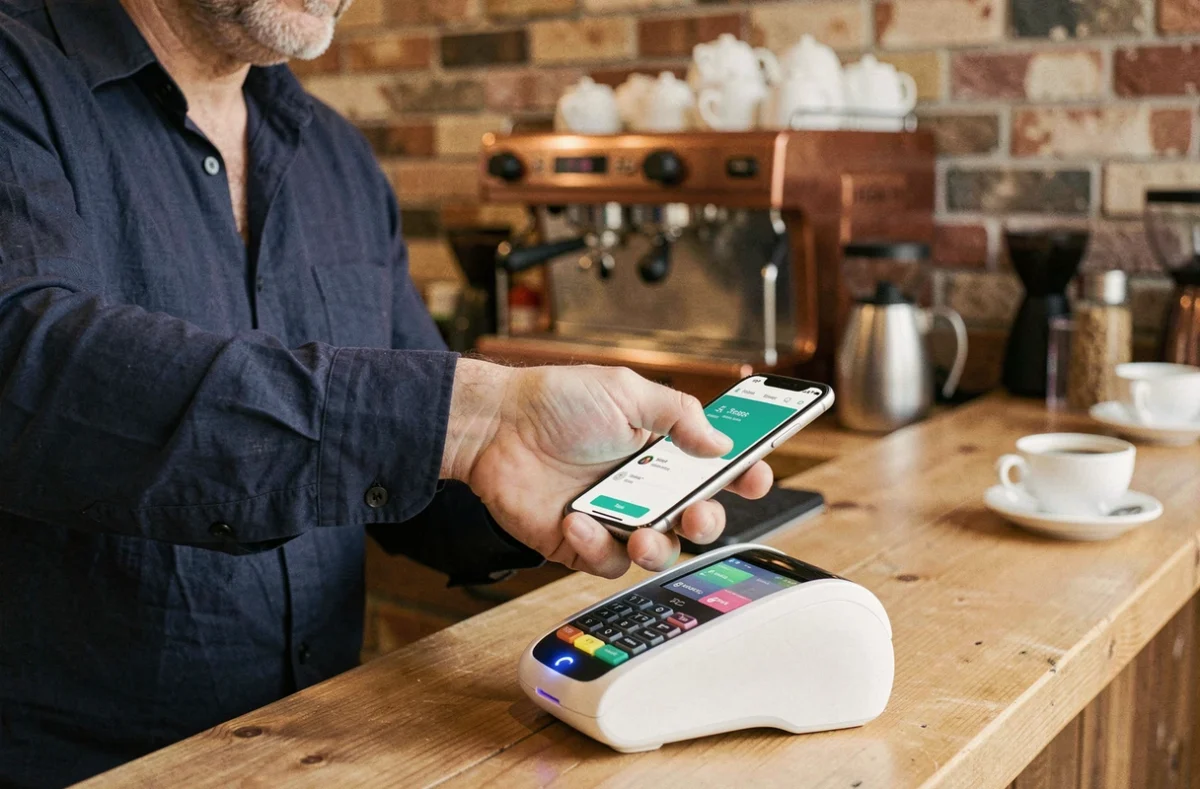 Homme utilisant son smartphone pour un paiement sans contact NFC via un terminal CB dans un café