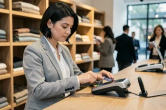 Femme effectuant un paiement sans contact avec sa carte bancaire CB sur un terminal de paiement en boutique