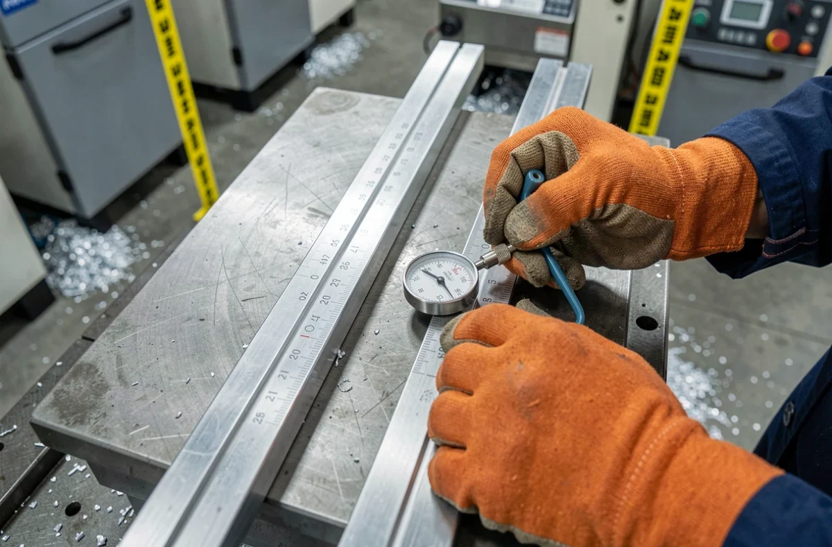 Gros plan sur des barres parallèles et un comparateur mesurant le parallélisme d'une table de machine CNC en atelier industriel