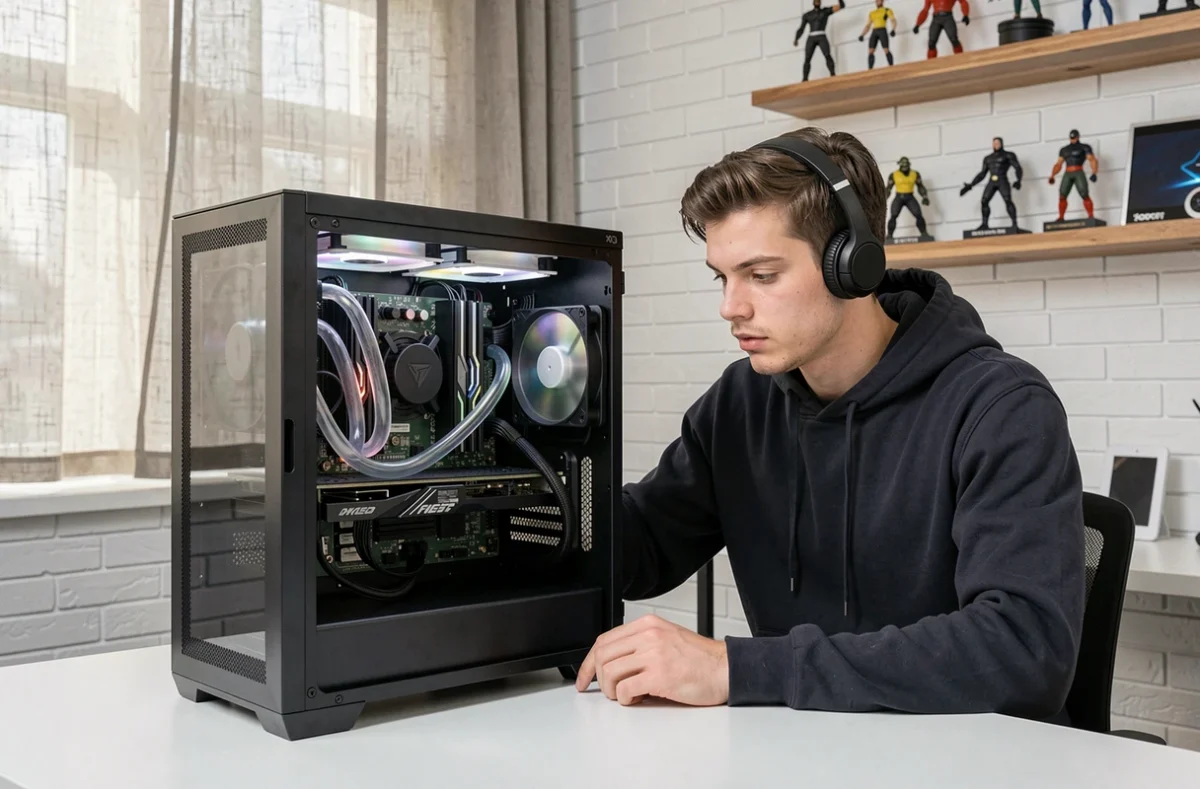 Jeune homme examinant l'intérieur d'un PC gaming haut de gamme avec watercooling custom dans un bureau minimaliste