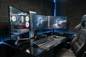 PC gaming haut de gamme avec triple écran ultrawide et tour personnalisée RGB dans une salle de jeu moderne
