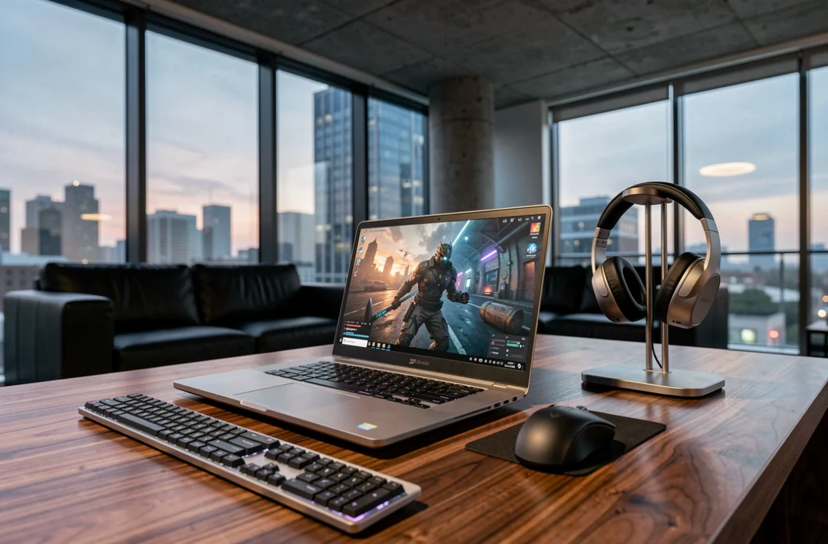 Laptop gaming premium posé sur un bureau en noyer dans un appartement moderne avec vue sur la ville