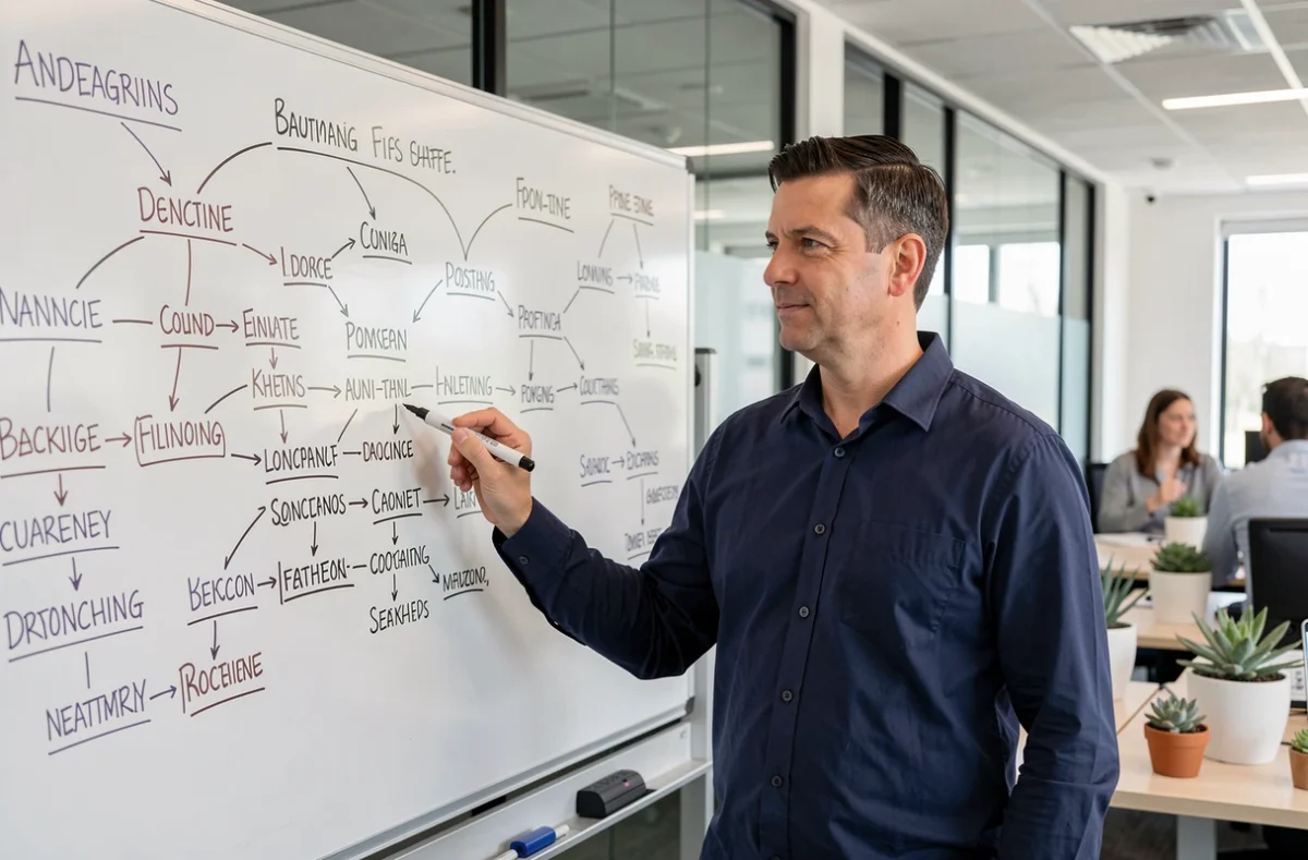 Homme présentant une carte mentale de mots-clés longue traîne sur un tableau blanc dans un bureau d'agence digitale