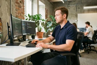 Technicien informatique professionnel travaillant sur des écrans dans un bureau moderne en Seine-Maritime