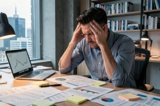 Professionnel du marketing numérique stressé face aux inconvénients du référencement SEO devant des rapports d'analyse en baisse