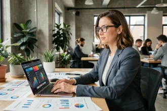 Une professionnelle du marketing analysant des tableaux de bord IA sur son ordinateur portable dans un espace de co-working moderne