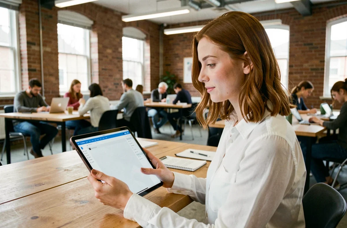 Jeune professionnelle en espace de coworking tenant une tablette avec une visionneuse PDF bloquée ou vide