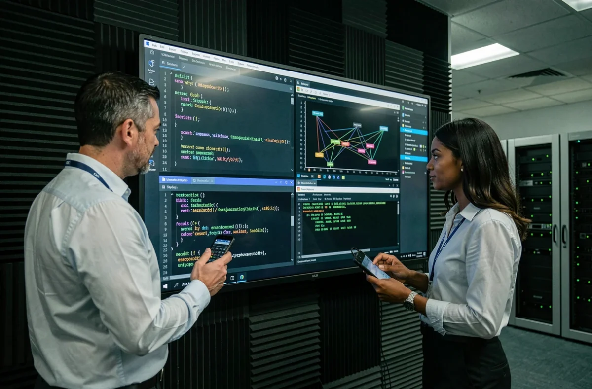 Deux professionnels de la cybersécurité collaborant sur du code Python et C++ dans un centre opérationnel réseau