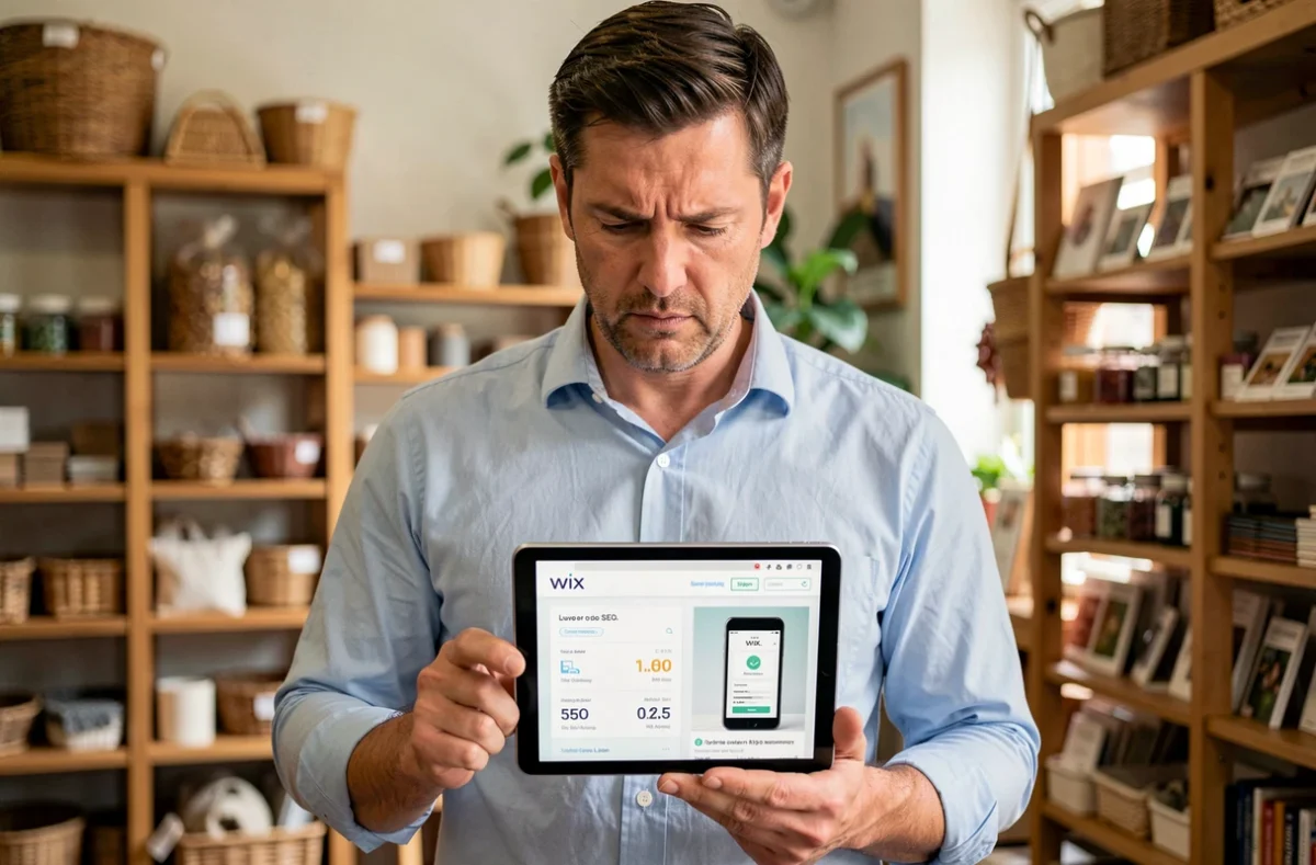 Propriétaire d'une petite entreprise inquiet des mauvaises performances SEO de son site Wix sur tablette