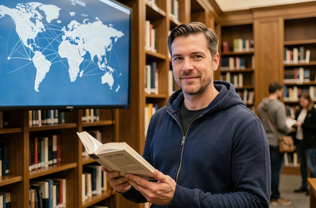 Homme dans une bibliothèque publique devant un écran interactif illustrant la structure du World Wide Web