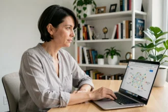 Femme consultant un navigateur web avec des diagrammes de réseau sur un ordinateur portable dans un bureau moderne