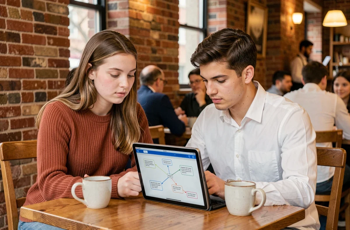 Deux étudiants dans un café collaborant sur une tablette affichant un schéma du fonctionnement du web