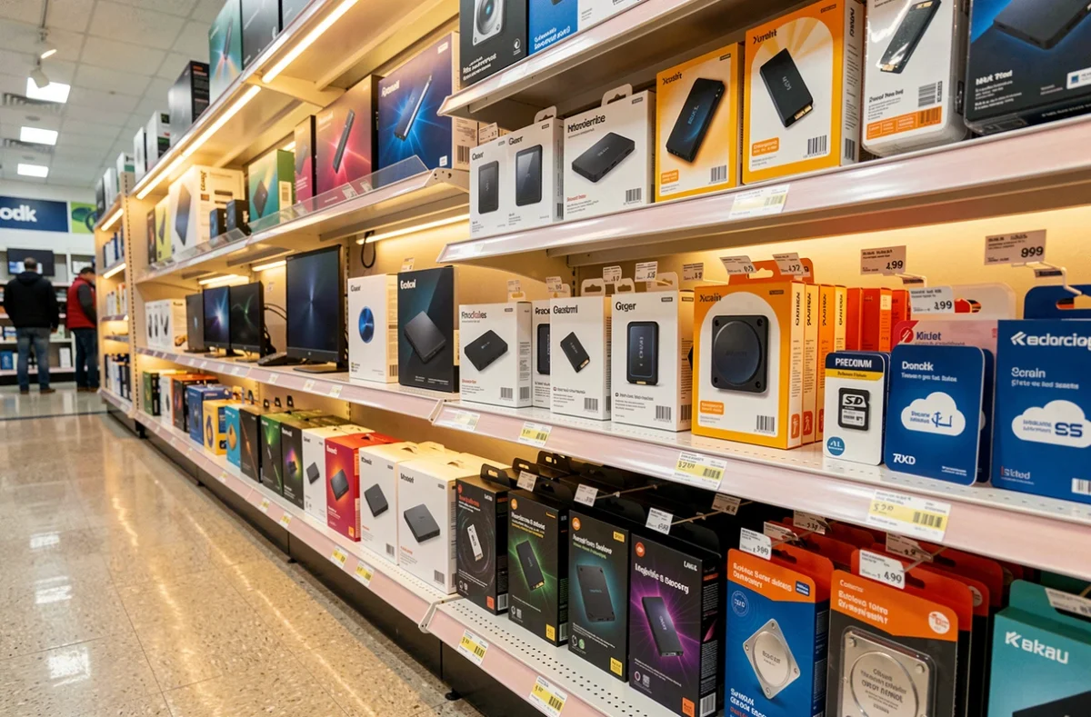 Rayon de magasin électronique présentant différents types de stockage avec étiquettes de prix comparatifs