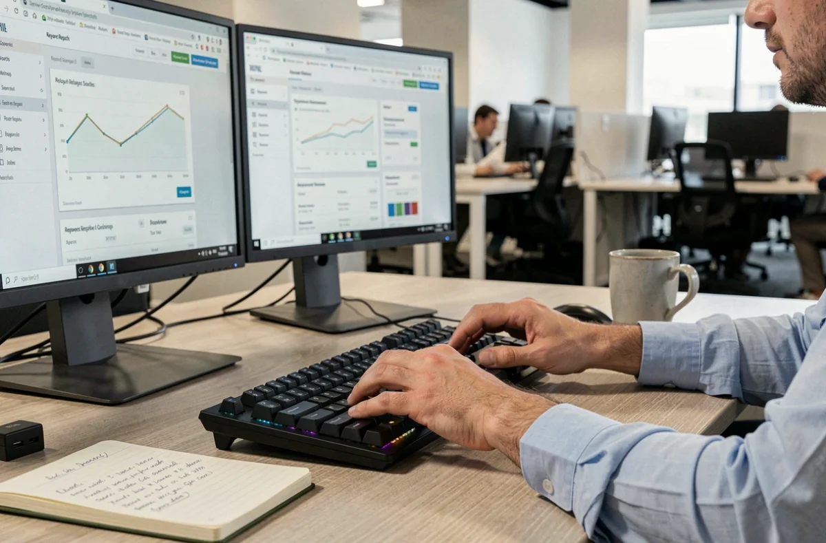 Mains tapant sur un clavier devant un outil de recherche de mots-clés SEO sur écran double