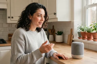 Femme utilisant une enceinte connectée pour faire une recherche vocale dans sa cuisine moderne