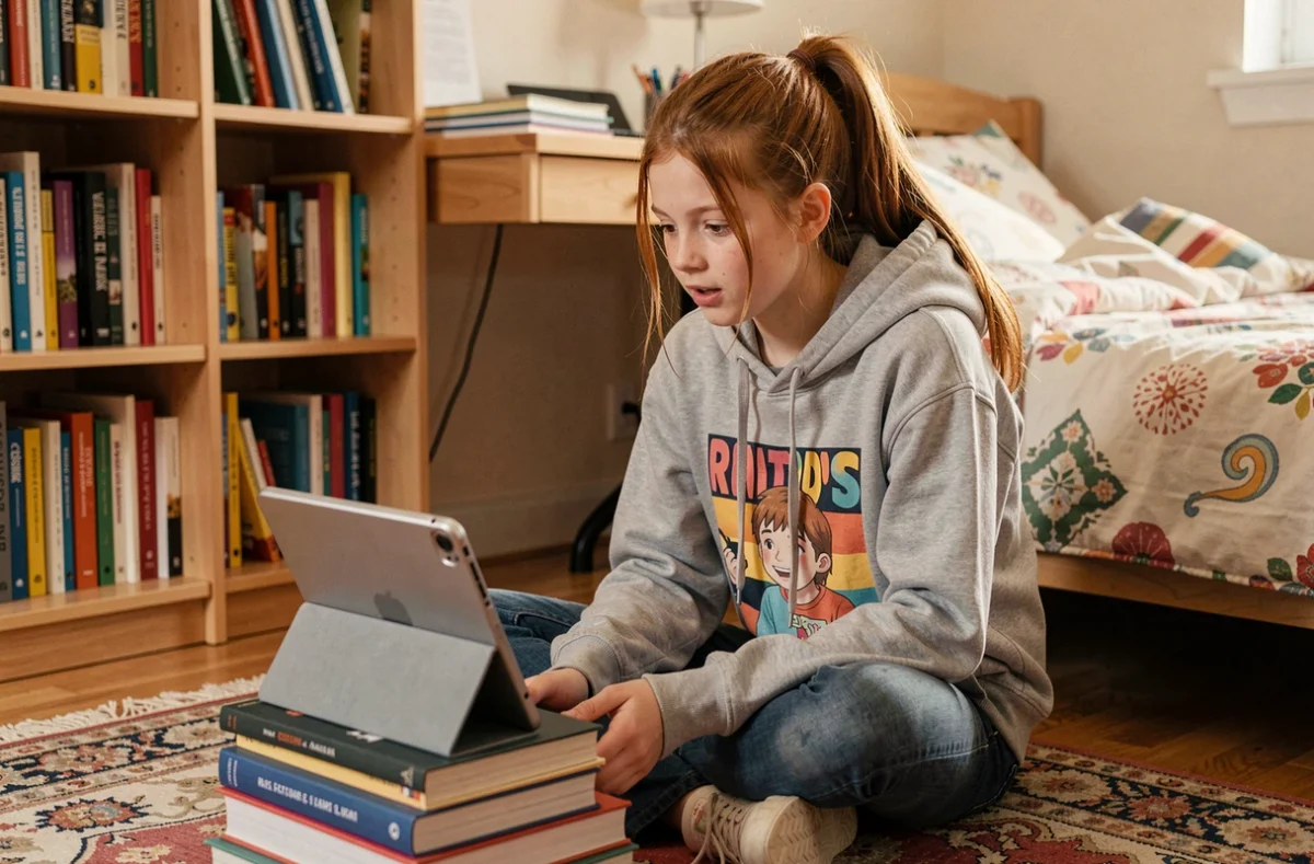 Adolescente utilisant la recherche vocale sur une tablette dans sa chambre pour ses études