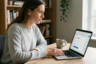 Femme en pull gris cherchant à récupérer son mot de passe de messagerie sur un ordinateur portable à son bureau à domicile