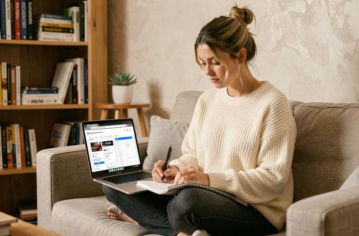 Jeune femme travaillant sur le référencement naturel de son site web depuis un bureau à domicile avec un ordinateur portable