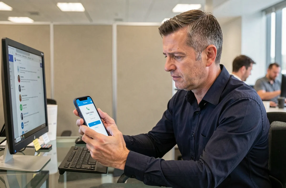 Homme en chemise bleue tentant de retrouver son mot de passe email sur son smartphone dans un bureau professionnel