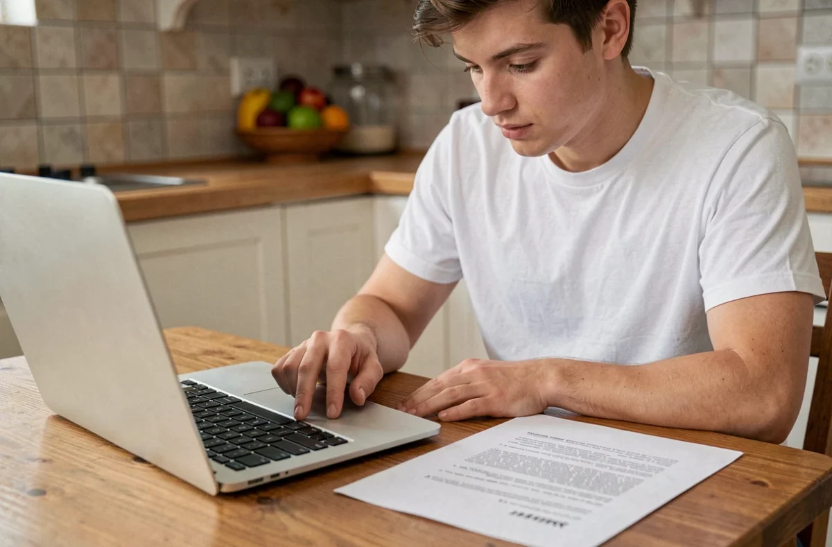 Jeune adulte consultant une fiche d'instructions pour récupérer l'accès à son adresse mail depuis sa cuisine