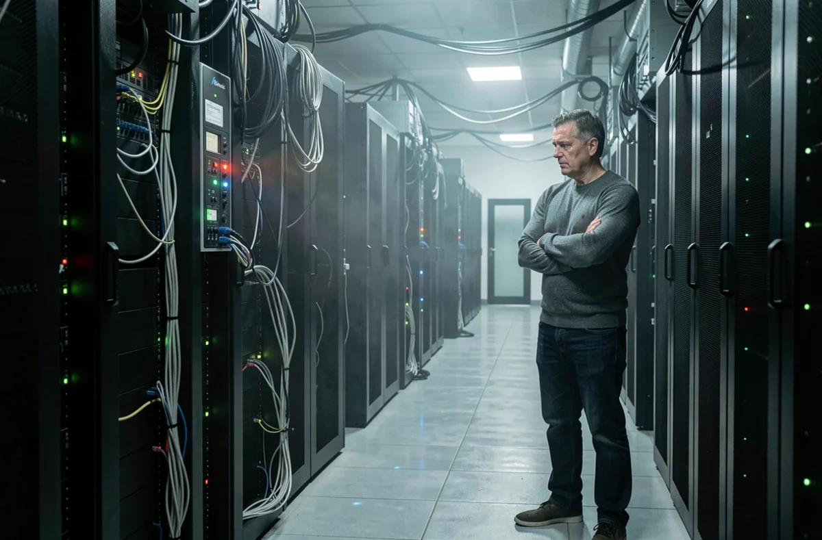 Homme seul dans une salle de serveurs face à une panne informatique, illustrant les risques technologiques pour les entreprises
