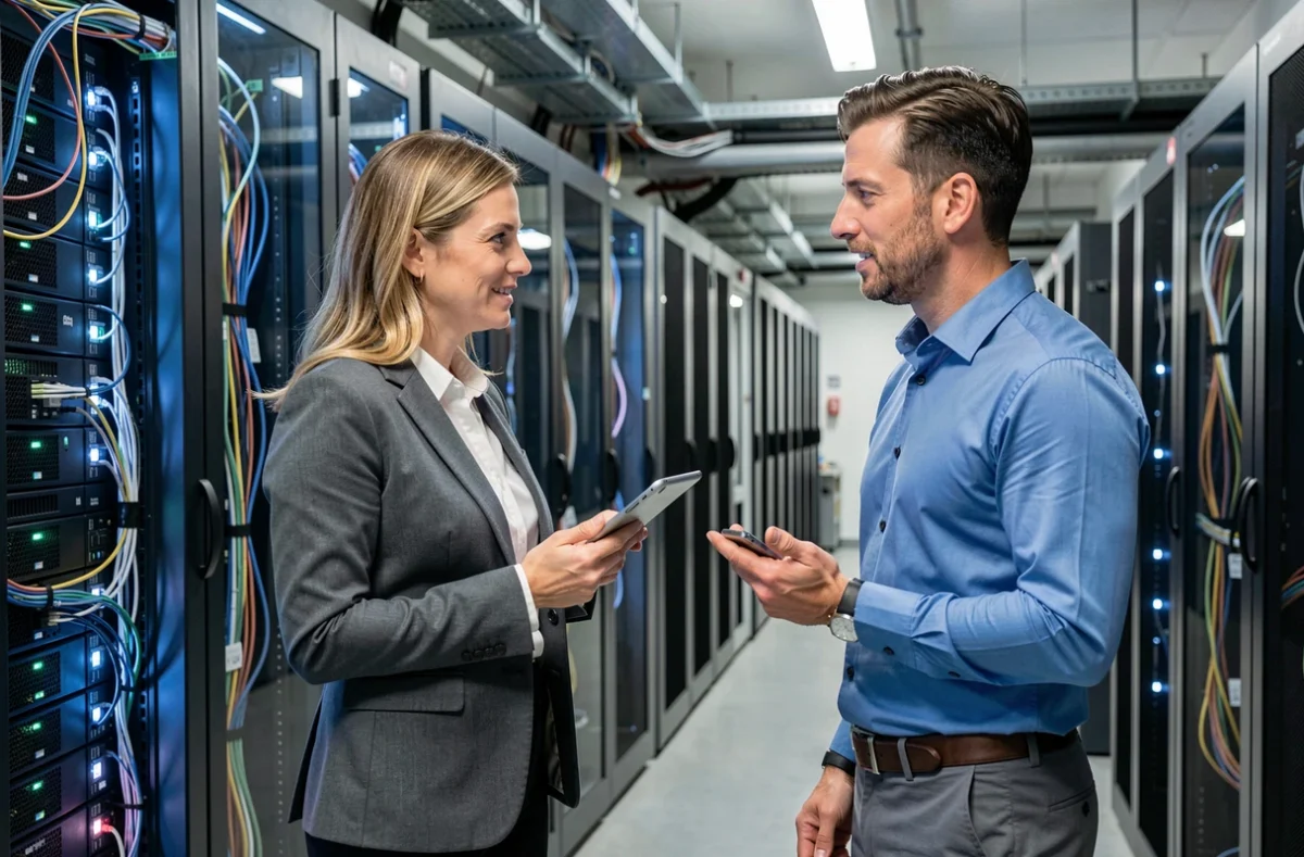 Consultante informatique et technicien dans une salle de serveurs d'un prestataire IT en Seine-Maritime