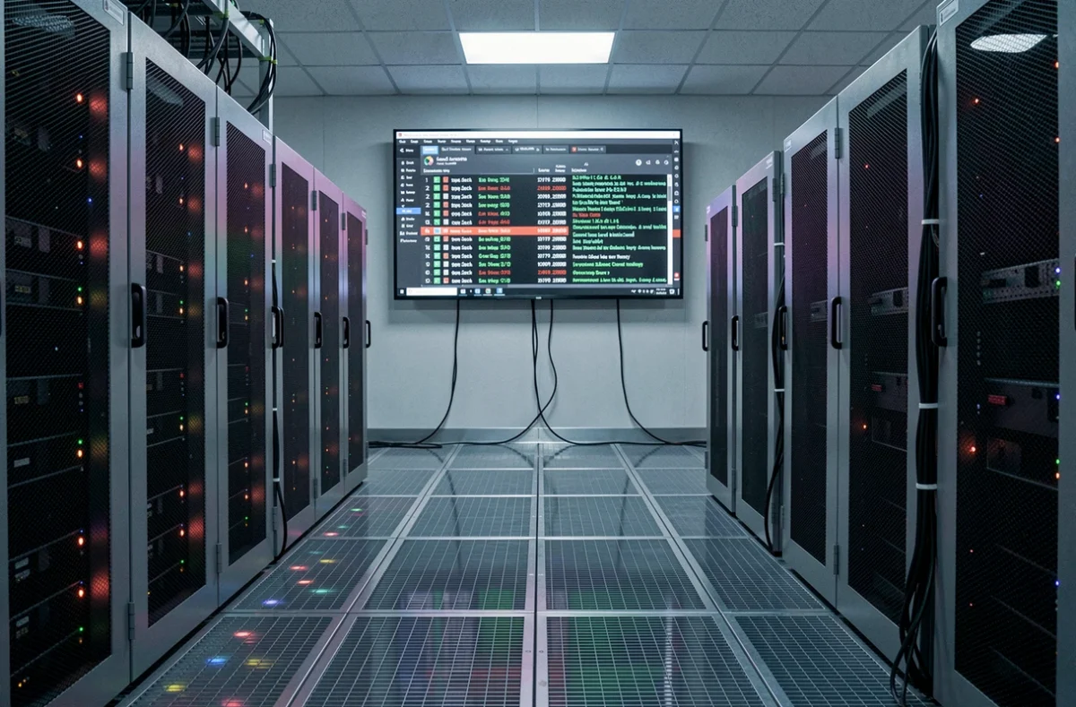 Salle de serveurs informatiques avec tableau de bord de surveillance des logs en temps réel affiché sur grand écran