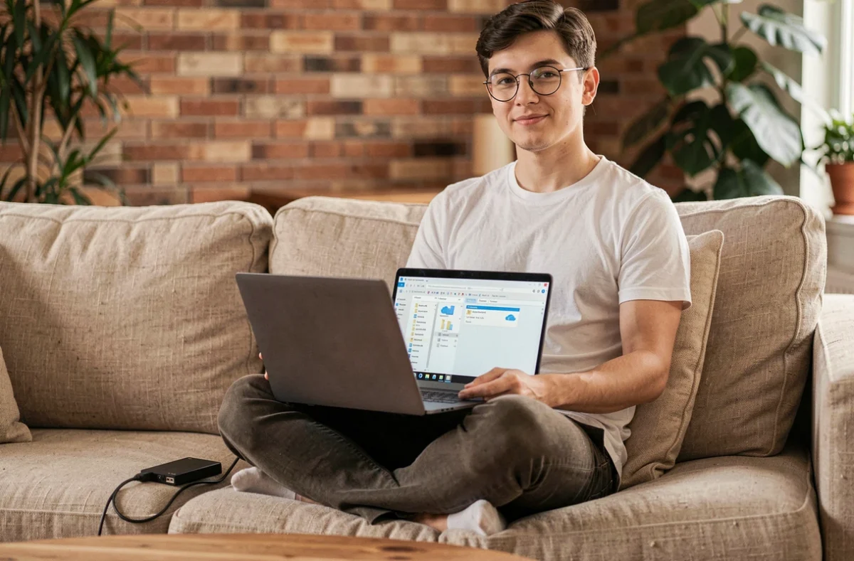 Jeune personne sauvegardant des données OneDrive sur un disque dur externe depuis un canapé