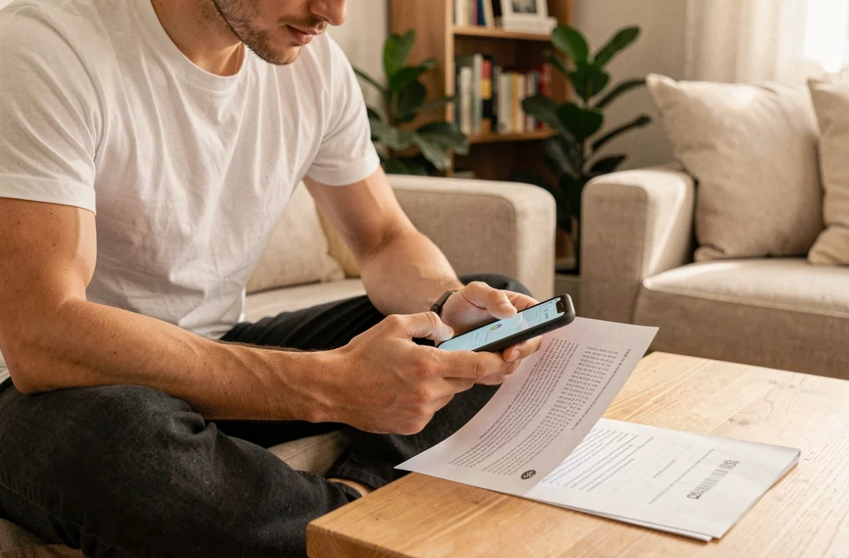 Jeune adulte utilisant une application mobile pour scanner un document posé sur une table basse