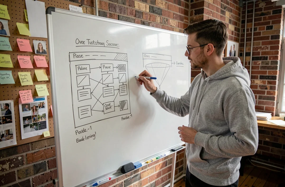 Développeur dessinant un schéma comparatif entre un site web multi-pages et une landing page sur un tableau blanc