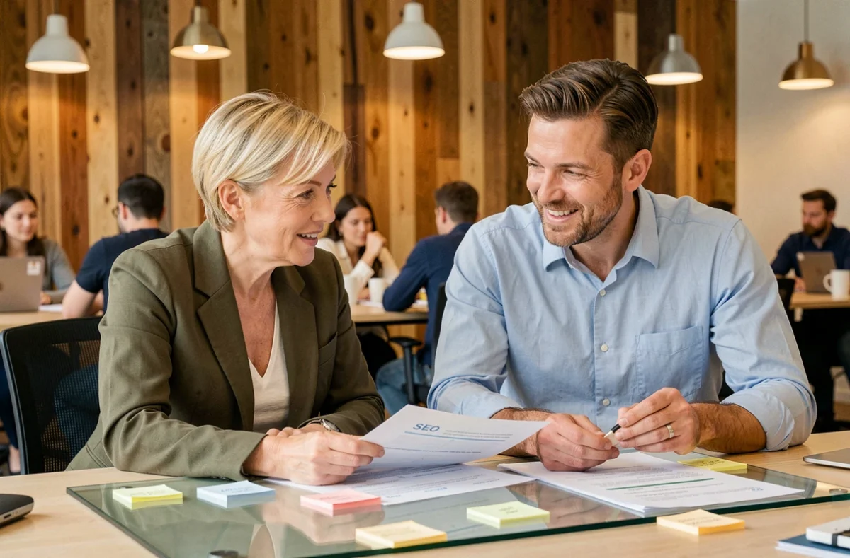 Deux spécialistes SEO collaborant sur une stratégie de référencement naturel dans un espace de coworking
