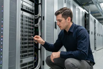 Technicien informatique examinant des baies de stockage SSD NVMe haute densité dans un datacenter moderne