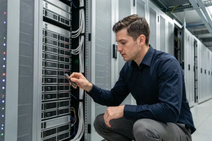 Technicien informatique examinant des baies de stockage SSD NVMe haute densité dans un datacenter moderne