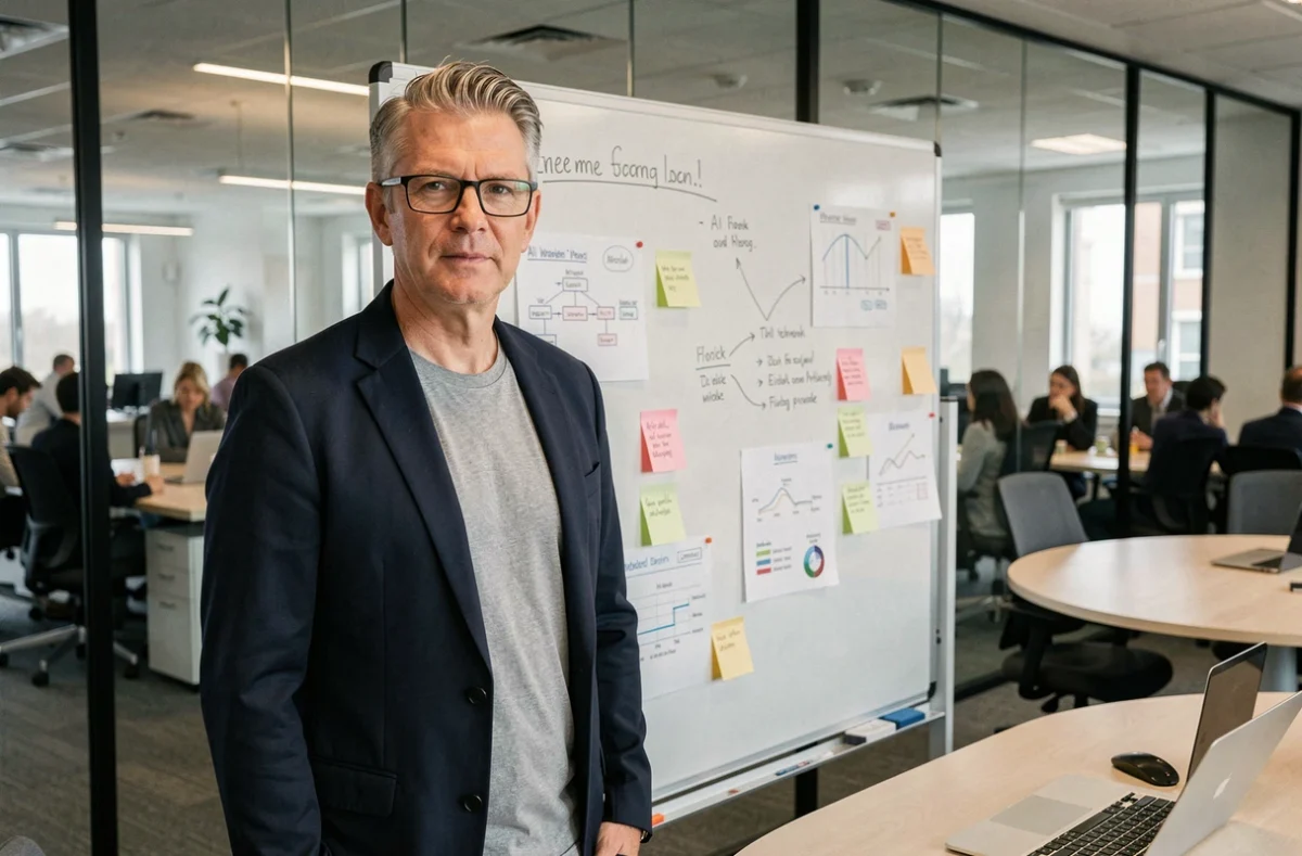 Un directeur marketing debout devant un tableau blanc avec des diagrammes de stratégie IA dans une salle de réunion de startup