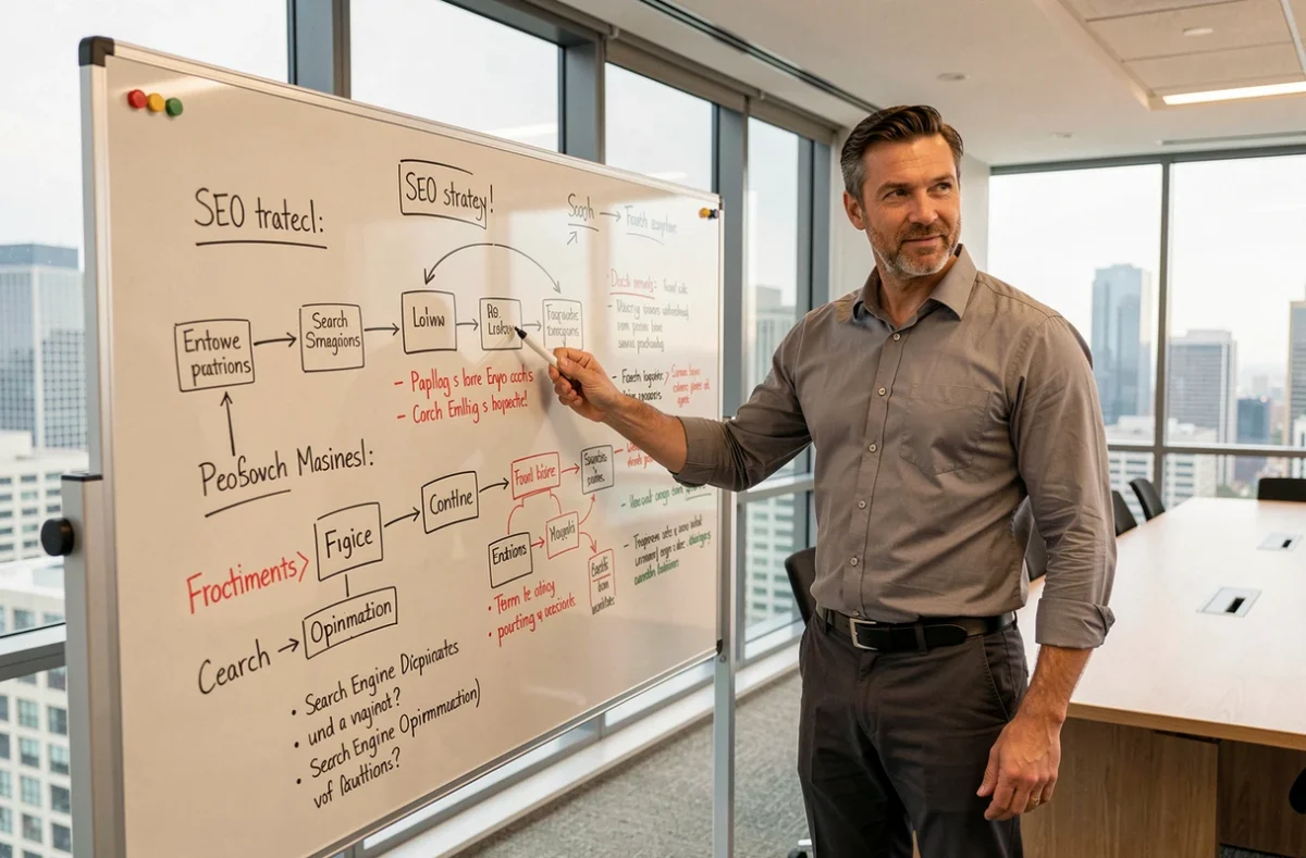 Consultant SEO présentant une stratégie de référencement sur un tableau blanc dans une salle de réunion moderne