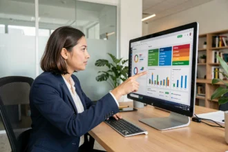 Professionnelle en marketing digital analysant une stratégie SEO sur un écran d'ordinateur avec des graphiques de classement et de mots-clés