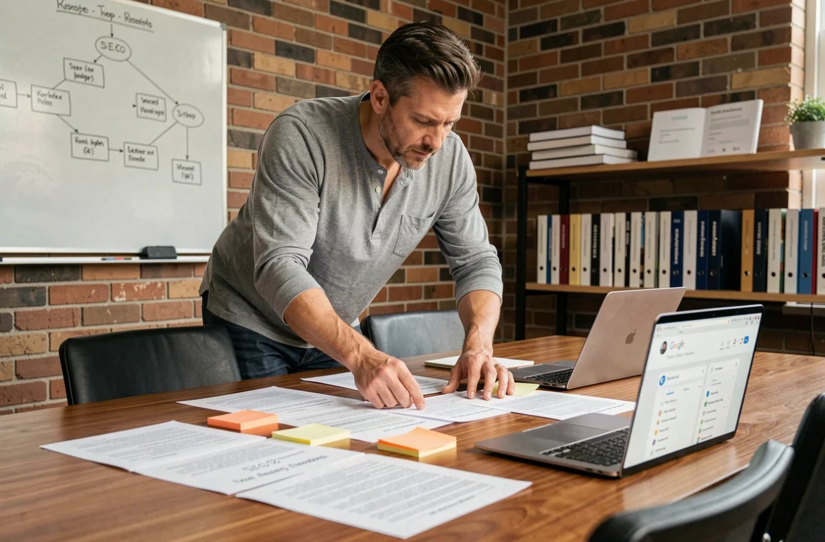 Expert SEO travaillant sur une stratégie de mots-clés avec des documents imprimés et un tableau de bord Google Search Console ouvert sur un ordinateur portable