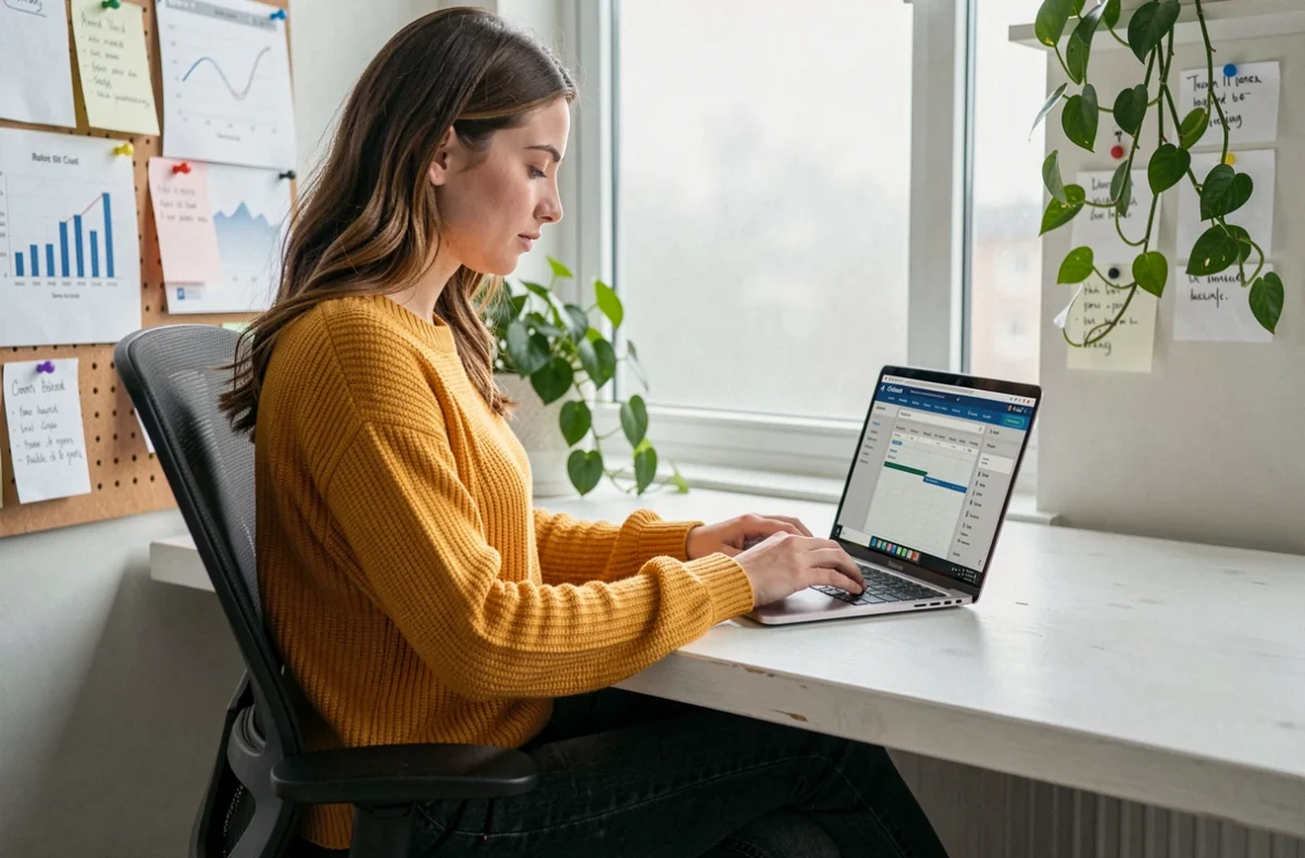 Jeune consultante SEO en télétravail planifiant une stratégie de contenu et un audit SEO depuis son bureau à domicile