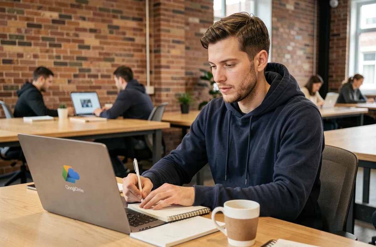 Homme utilisant un ordinateur portable pour synchroniser Google Drive et OneDrive dans un espace de coworking