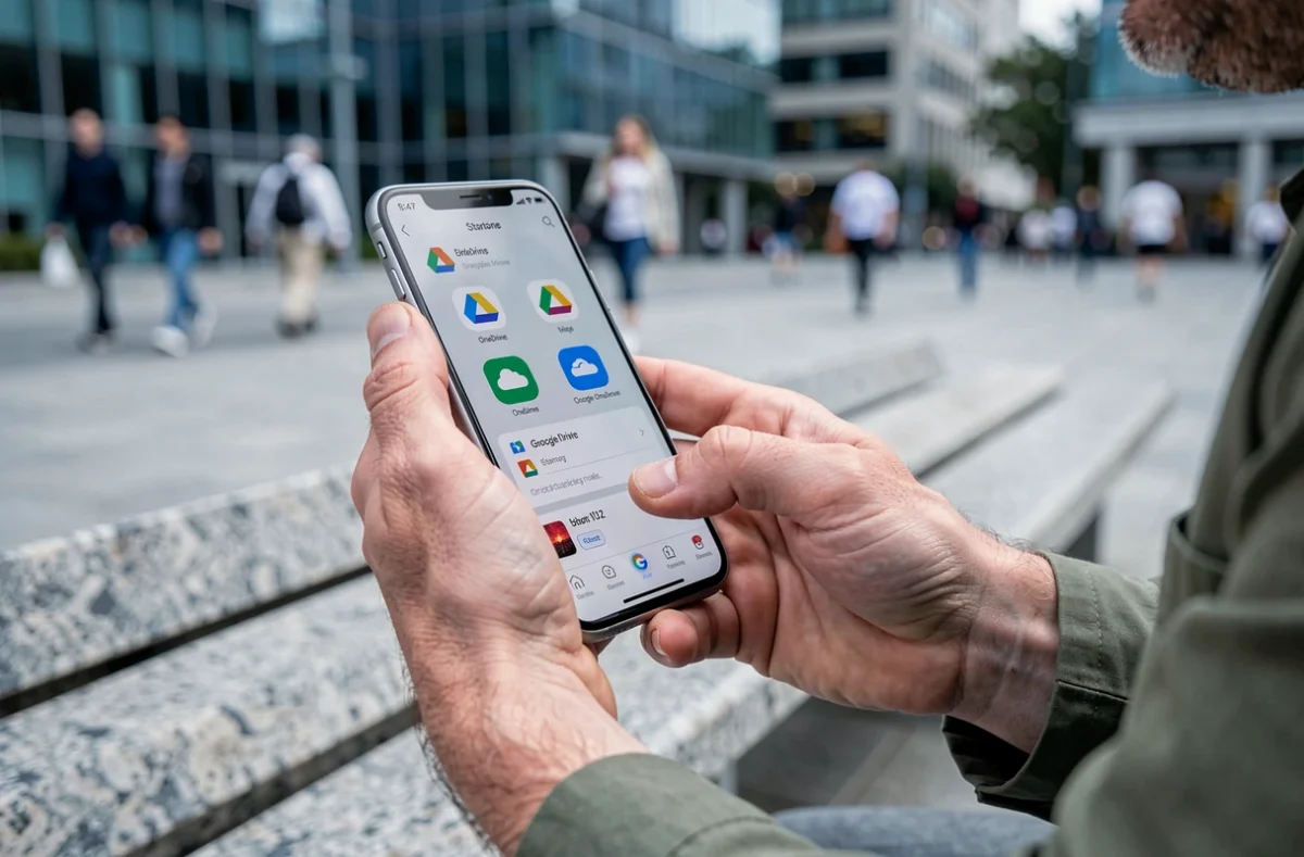 Mains tenant un smartphone affichant une interface de synchronisation entre Google Drive et OneDrive en ville