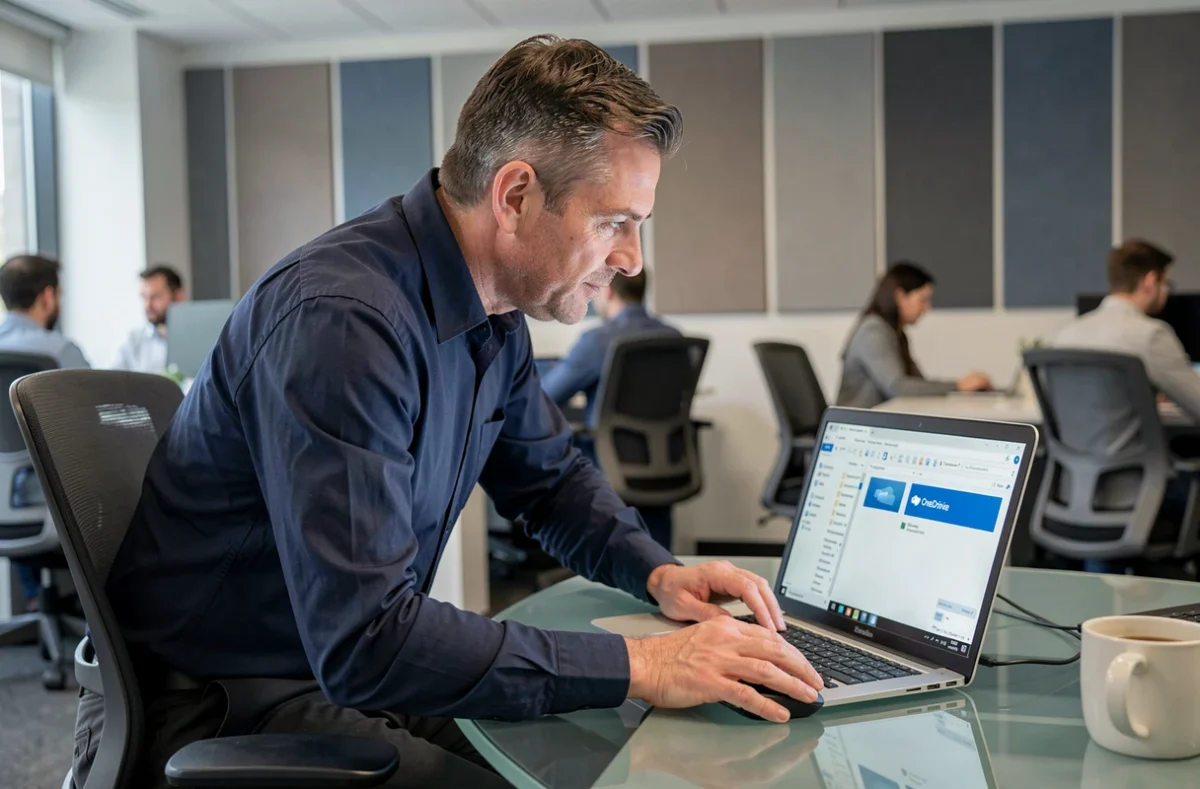 Homme synchronisant ses fichiers OneDrive dans un bureau open-space avec un laptop