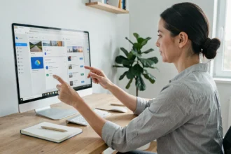 Femme synchronisant Google Drive et OneDrive sur un ordinateur de bureau dans un bureau à domicile
