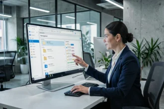Femme professionnelle utilisant un système de gestion de documents électroniques sur écran tactile dans un bureau moderne