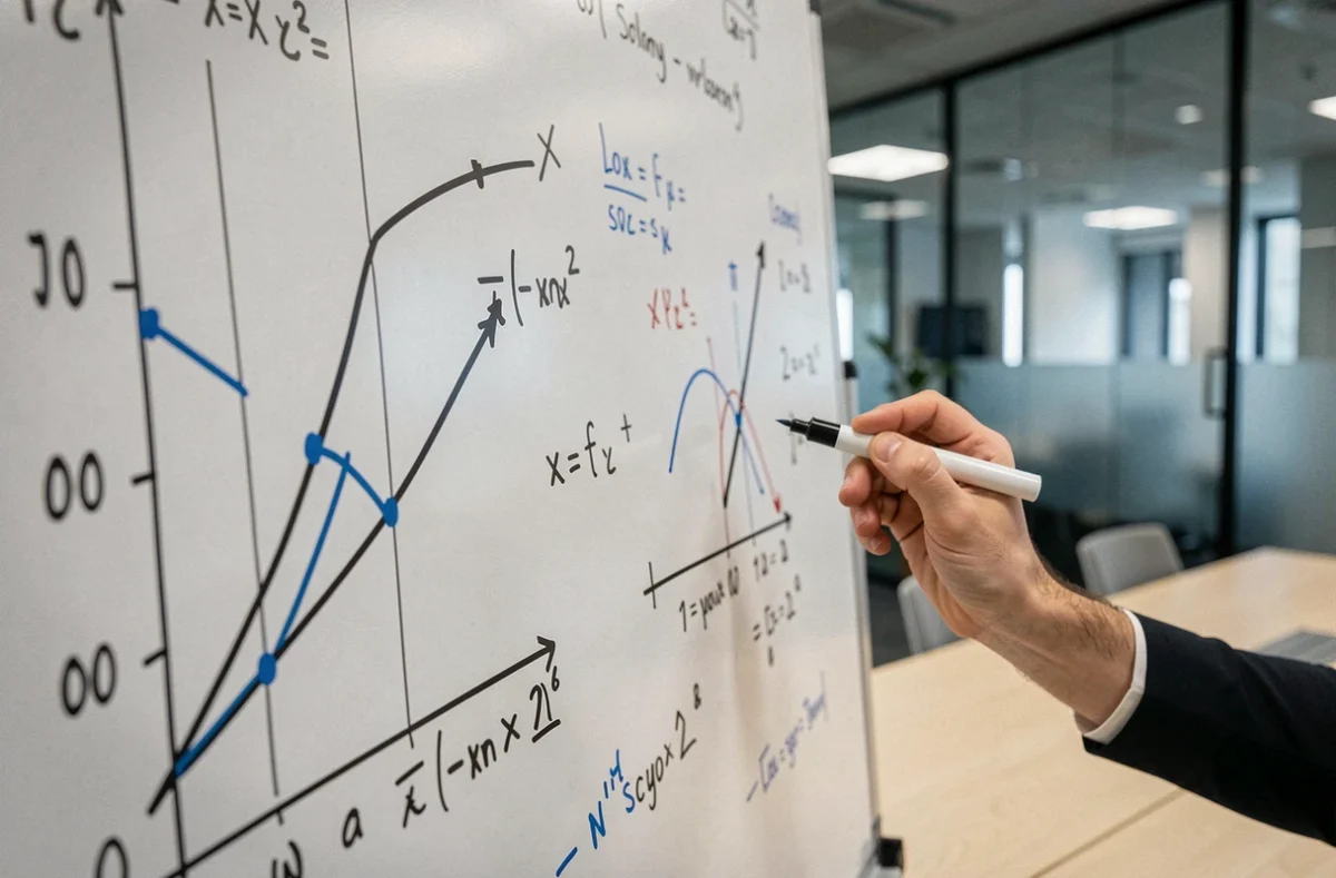 Tableau blanc avec des courbes de tendance dessinées à la main et des annotations mathématiques dans une salle de réunion professionnelle