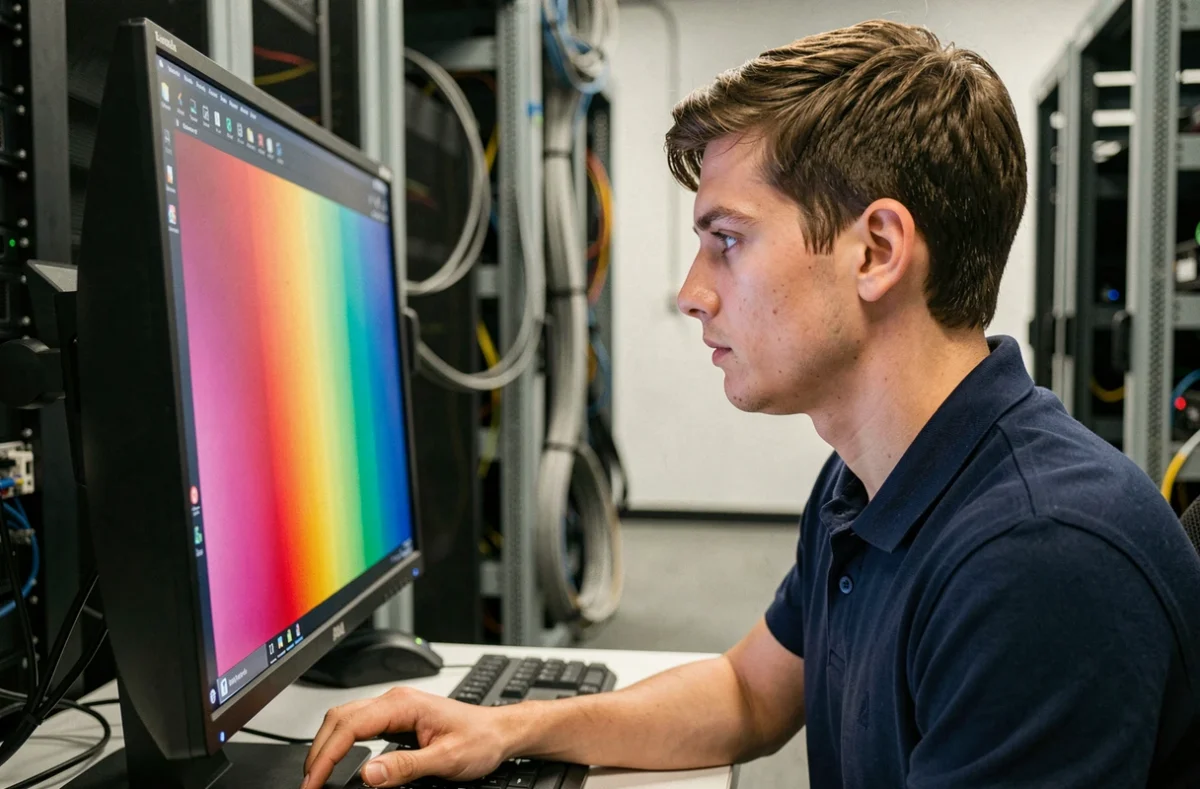 Technicien informatique analysant l'angle de vision d'un écran TN dans un environnement professionnel