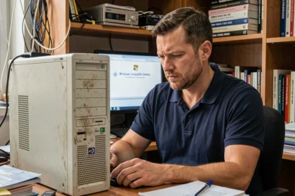 Technicien informatique examinant un vieux PC incompatible avec Windows 11 dans un bureau encombré