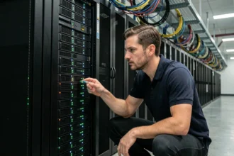 Technicien informatique examinant des serveurs dans un centre de données professionnel