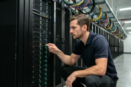 Technicien informatique examinant des serveurs dans un centre de données professionnel