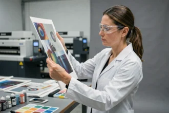 Technicienne examinant une feuille de transfert DTF dans un atelier d'impression textile professionnel