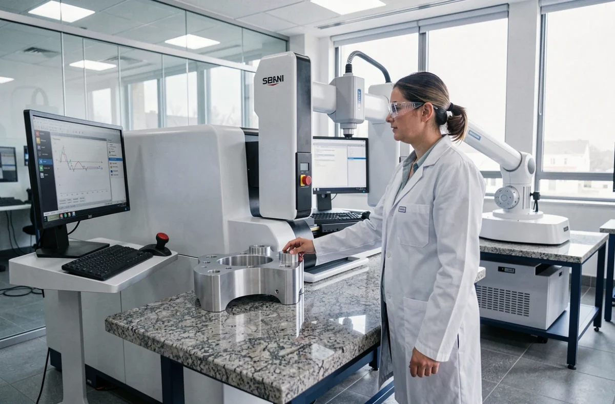 Technicienne qualité analysant des données de planéité et de parallélisme sur une machine à mesurer tridimensionnelle en salle de contrôle